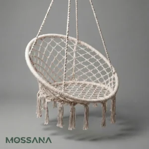 Fotel wiszący bocianie gniazdo ecru LUARO 80cm — detal makramy, Mossana