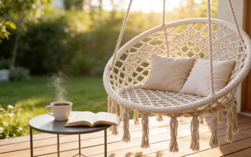Beżowa huśtawka bocianie gniazdo z frędzlami w stylu boho, zawieszona na drewnianym tarasie obok lampionu i rośliny w koszu.