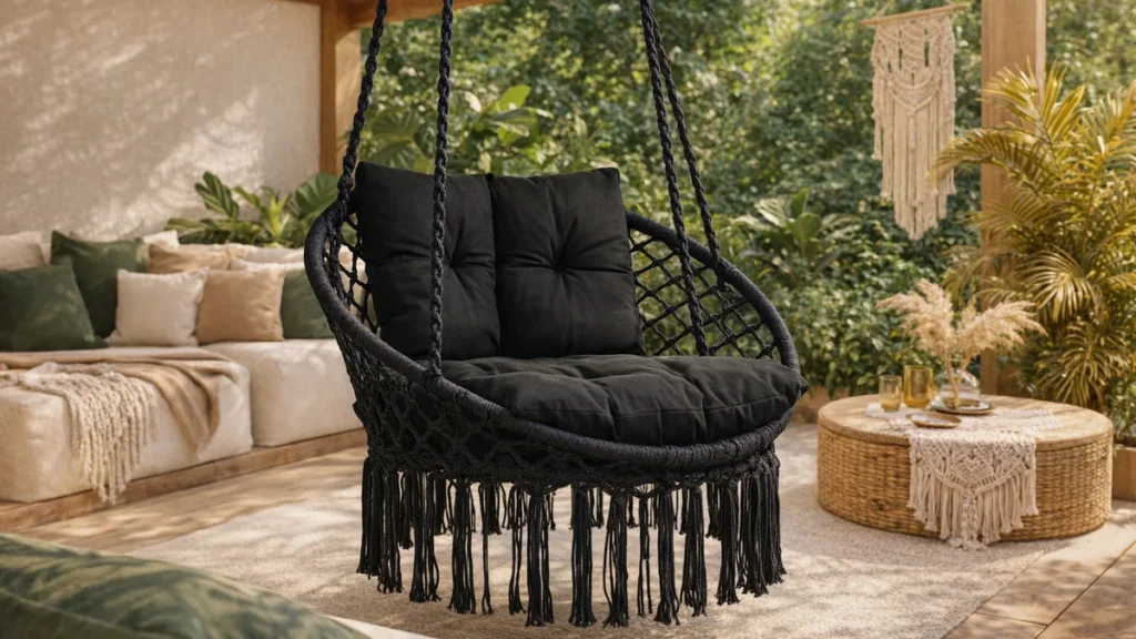 Duży fotel wiszący XXL w stylu boho z kremowymi poduszkami na tarasie wśród zieleni