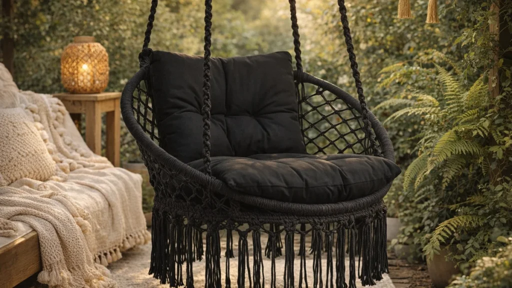 Boho hamak ze stelażem z drewna na tarasie, kremowe poduszki i zieleń w tle