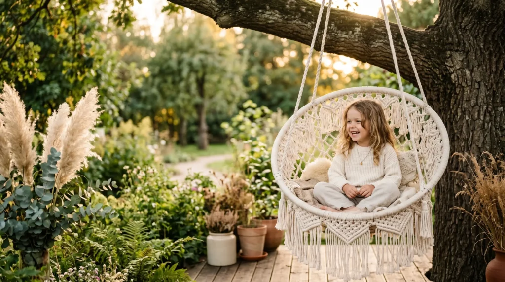 Huśtawka dla dzieci typu bocianie gniazdo w ogrodzie boho