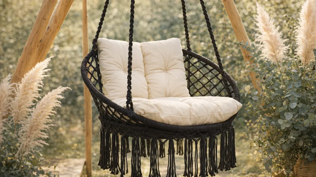 Drewniana i metalowa rama huśtawki ogrodowej w boho ogrodzie, poduszki w kolorze cream, zieleń