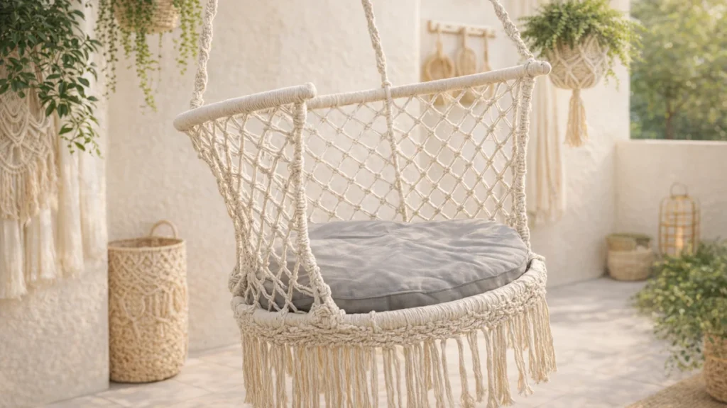 Boho fotel wiszący z poduszkami w stylu skandynawskim na jasnym tarasie