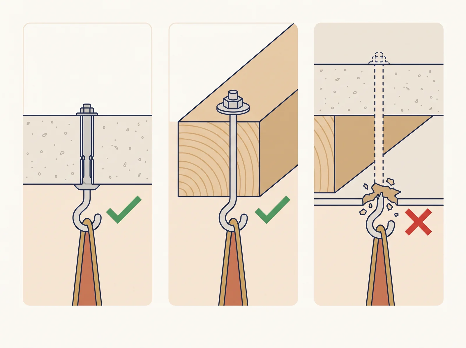 Przekrój trzech typów stropu i poprawne mocowanie huśtawki bocianie gniazdo do sufitu: kotwa w betonie, hak w belce drewnianej, zakaz mocowania do samej płyty karton-gips